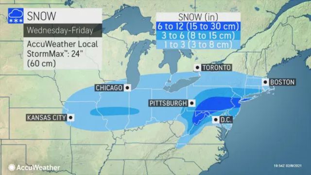 An Accuweather forecast showing signficant possible snowfall in NYC later this week.